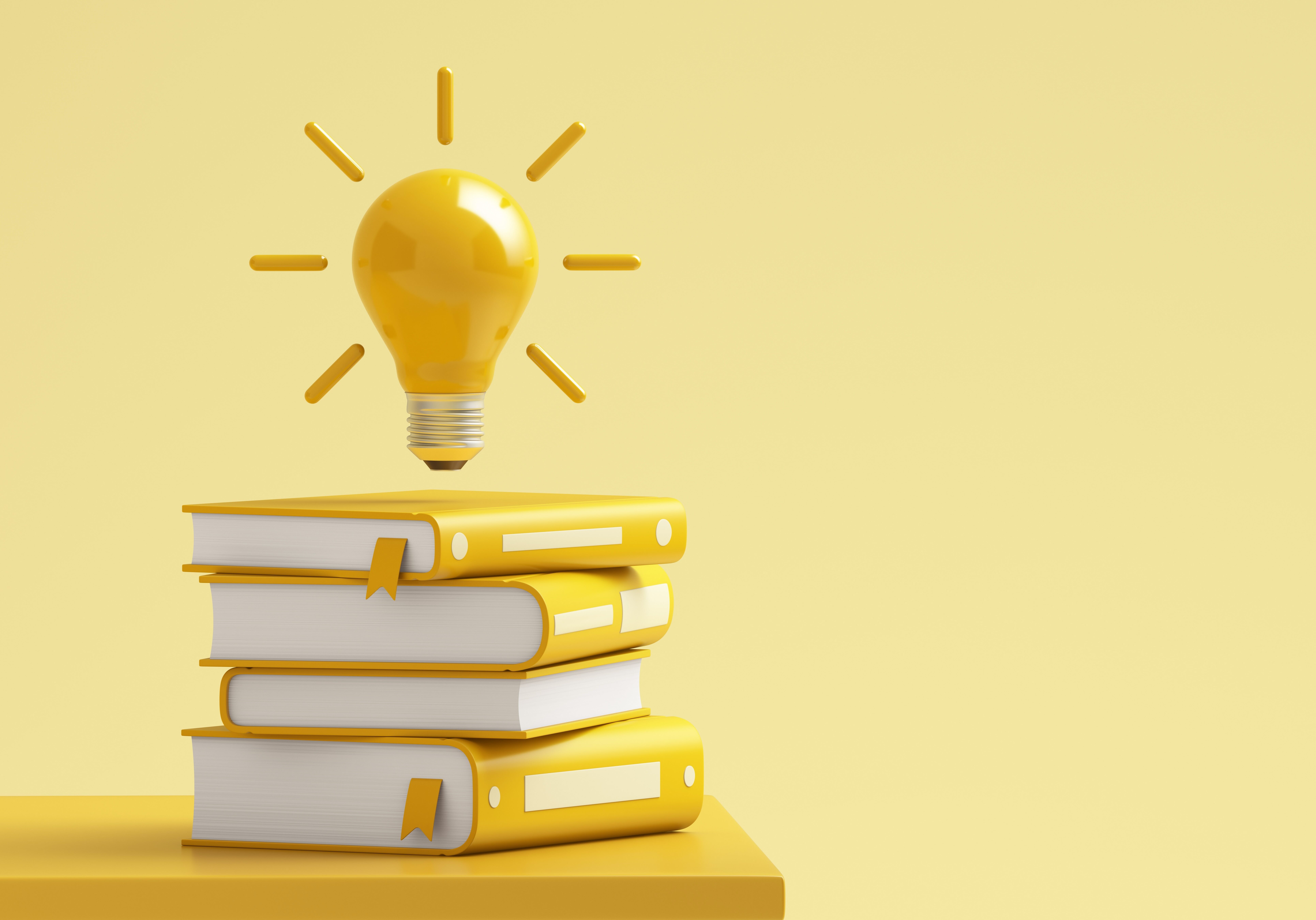 Light bulb over the yellow books on a yellow background. 3d illustration